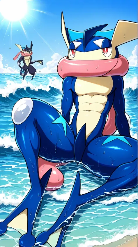 greninja male    ( Pokemon ), roca, ,     white pupils   , Long language  ,  red eyes,    shiny skin ,    looking at the spectator  ,    arm support   ,  Water, wet, suno,   cinnamon white , sun,  blue sky,  nubes blancas ,    full body  ,  Pokemon  (creat...