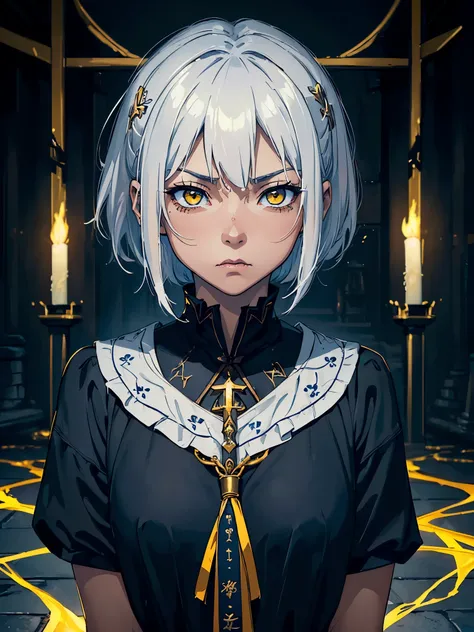 ((DARK FANTASY COLORING, DARK COLOR PALETTE, SORROW LIGHTING, 8K DETAIL QUALITY))
((masterpiece, best quality)), (1girl, anime girl in the shrine, dew),(mature, tan skin), (solo), (female focus, yellow eyes girl, disgusted face), (white hair, short hair),[...