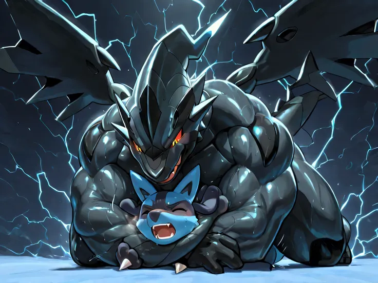 4k ultra quality, 4k full body view,masterpiece quality, large zekrom, small lucario, wrestling,Rear_Naked_Choke, choke_hold,(zekrom is giant bulky muscular, massive strong body, open eyes, evil grin, looking down, erectric shock, thunder body, sweaty, ste...