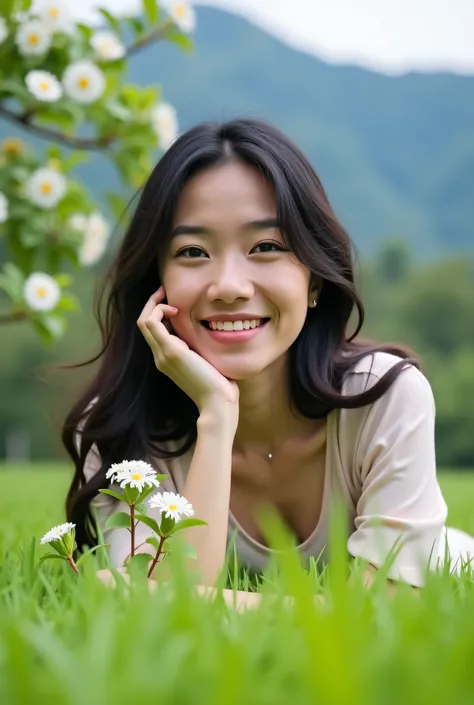 very realistic high resolution photography, ultra HD 16k.ye Indonesian woman, , loose hair with round face, lying on fresh green grass with a Indonesian man,wearing eyeglasses, smiling facing the camera, in front of her is a small white flower plant with f...