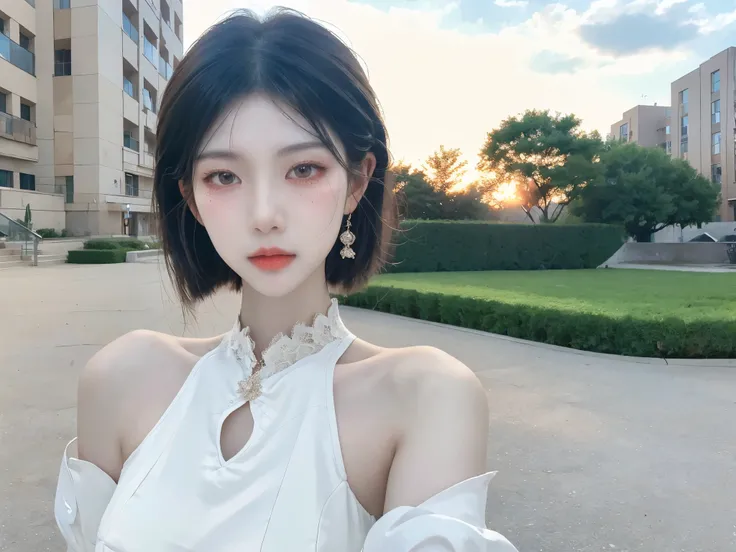 a woman posing on the street corner with light 白色连衣裙 on,  best quality,  high resolution,  8,000, 1 Girl, ( Huge Breasts ), sky, Bright, Outdoor, (street:0.8), (people, crowd:1), ( lace embellished dress :1.5, 浅白色的衣服:1.5, 红色高领连衣裙:1.5,  Sleeveless Dress ,  ...