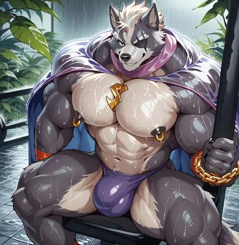 kemono, by null-ghost, by zixiong, solo, male, wolf O'donnell, black eye patch, anthro, black nipples, big nipples, gold nipple rings, sweaty, handsome, purple thong, broad shoulders, broad chest, muscular, huge bulge in thong, posing, bedroom eyes, smirk,...