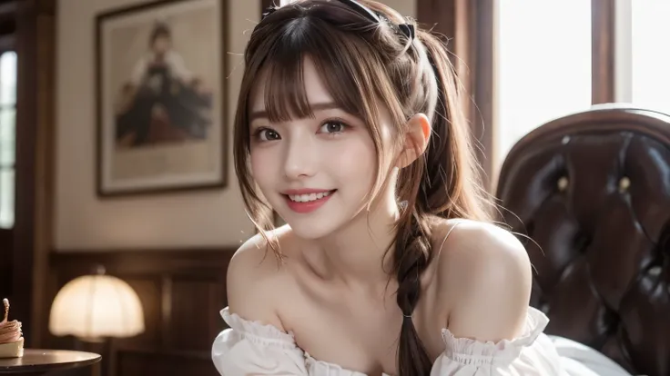 in a maid-concept cafe, cute and vivid decorations on the walls, sunshine, get to feed a big chocolate pie, maid, servant, wearing pink warm fluffy gothic lolita fashion, mouth wide open, big smile, pampered expression, lovey-dovey, pale pink and pale yell...