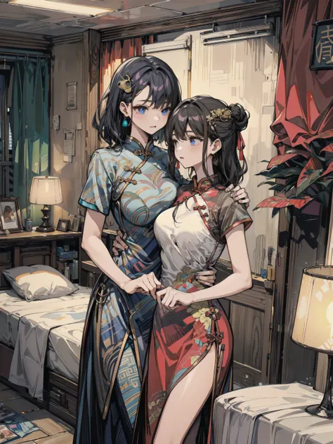 earring, huge breasts, medium hair, half updo, hair ornament, black hair, (cheongsam:1.2), bed room, (3girls:1.2), yuri,