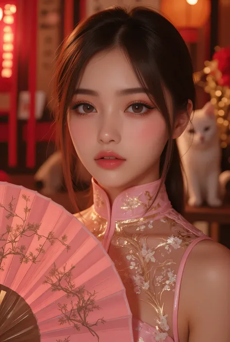 Cat ears、 face up, attractive, pretty girl, ponytail、 (( fine facial features , eroticism)), dramatic lighting , realistic , 8k, Dramatic Shadows , intricate and elaborate patterns , super detailed photo , chiaroscuro lighting , Pleasant colors , deep cont...