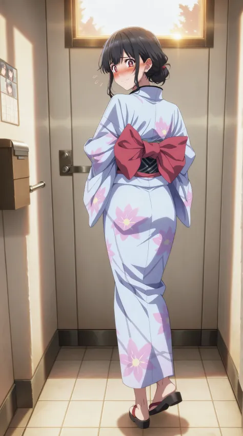 anime - style illustration of a woman in a kimono, anime character, official character art, full body, female anime girl, (black hair:1.5), in the restroom, looking at viewer, (from behind:1.5), (Embarrassed expression:1.5), blush:1.5, smile, (daylight:1.5...