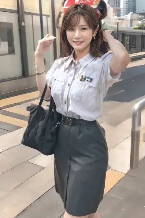 ( Masterpiece:1.2, top quality :1.2), 32kHDR, Hi-Res、( Daytime building roof 、 professional lighting)、Building rooftop background、( Tokyo subway woman crew uniform )、( Tokyo subway woman crew uniform blouse short sleeve 、 above knee culotte skirt、 ...