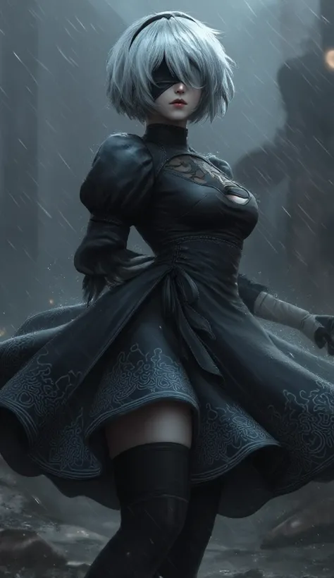 Yeh raha ek prompt jo aap Stable Diffusion ya Midjourney mein daal sakte hain:

"Highly detailed, realistic portrait of 2B from Nier: Automata, standing alone in the rain, with a brooding expression. Focus on her face , with realistic textures and lighting...