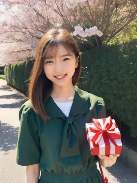 A stunningly beautiful 20-year-old woman stands in a lush green park full of cherry blossoms in full bloom under a clear blue sky. She is wearing a classic sailor uniform and holds a neatly wrapped gift box with a red ribbon in both hands in front of her c...