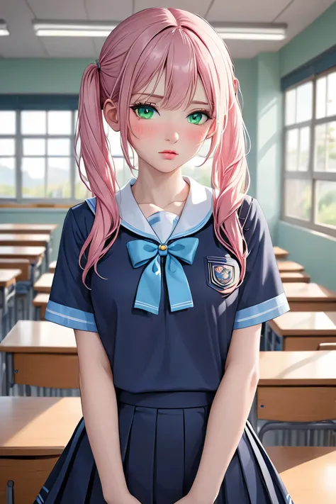 (masterpiece,  best quality, 8k,  high definition), whole body, 1 woman, pink pigtails, mid-chest, soft green eyes, soft lips, pale skin, beautiful face, wearing a blue schoolgirl uniform, natural light, detailed background, Detailed Illustration Art, shy,...