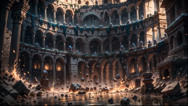 4K， Closeup of the Colosseum at dusk， with a portal in the middle ， with magical-themed elements ，Western European style scene ，There are no monsters， World of Warcraft and League of Legends icons and symbols ， stylized video game items ，League of Legends ...