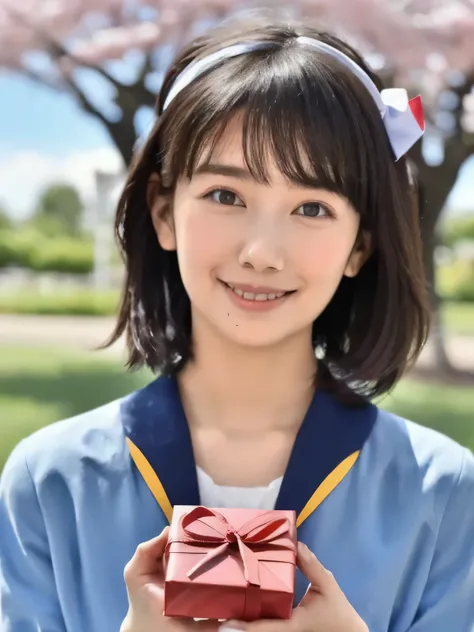 A stunningly beautiful 20-year-old woman stands in a lush green park full of cherry blossoms in full bloom under a clear blue sky. She is wearing a classic sailor uniform and holds a neatly wrapped gift box with a red ribbon in both hands in front of her c...