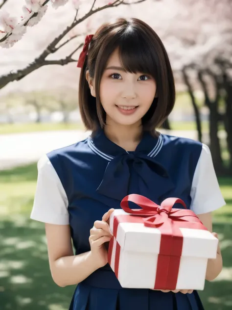 A stunningly beautiful 20-year-old woman stands in a lush green park full of cherry blossoms in full bloom under a clear blue sky. She is wearing a classic sailor uniform and holds a neatly wrapped gift box with a red ribbon in both hands in front of her c...