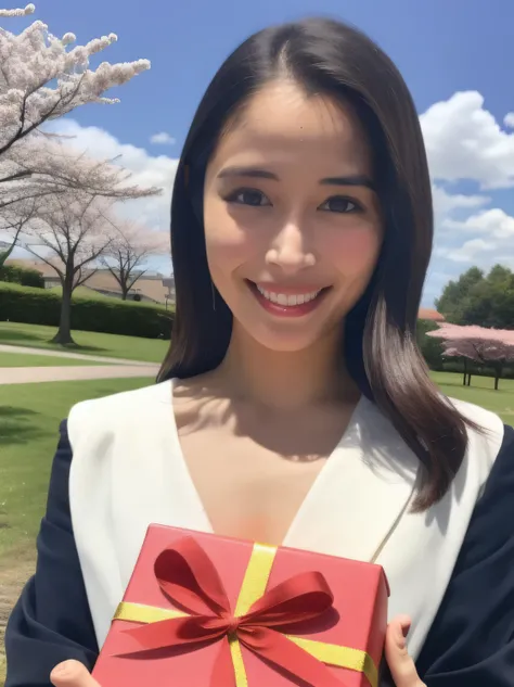 A stunningly beautiful 20-year-old woman stands in a lush green park full of cherry blossoms in full bloom under a clear blue sky. She is wearing a classic sailor uniform and holds a neatly wrapped gift box with a red ribbon in both hands in front of her c...