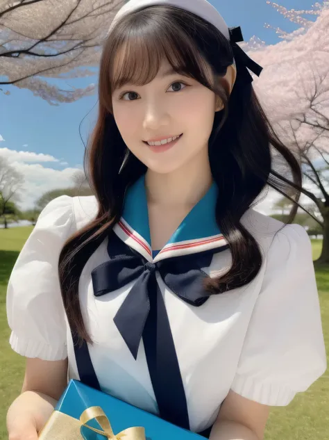 A stunningly beautiful 20-year-old woman stands in a lush green park full of cherry blossoms in full bloom under a clear blue sky. She is wearing a classic sailor uniform and holds a neatly wrapped gift box with a red ribbon in both hands in front of her c...