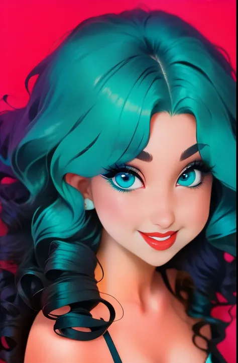 Light blue hair, turquoise eyes, long eyelashes, big red lips, apricot eyes, beauty, girly, curly hair, princess