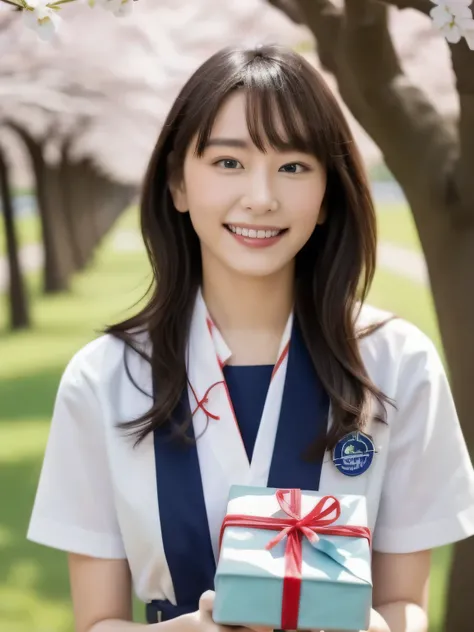 A stunningly beautiful 20-year-old woman stands in a lush green park full of cherry blossoms in full bloom under a clear blue sky. She is wearing a classic sailor uniform and holds a neatly wrapped gift box with a red ribbon in both hands in front of her c...