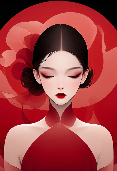 ( masterpiece, top quality:1.2), 1 girl working part-time, alone, beautiful face, red lips,Minimalism Art Nouveau, illustration style ,Black and red