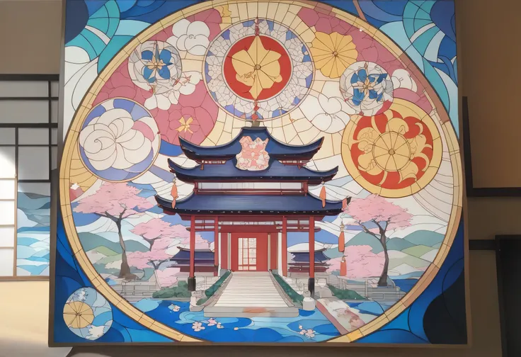 , stained glass art,Picture of a colorful building with the sky in the background ,  stained glass art,  An elaborate painting inspired by Yoshida Hanbei ,  pixiv contest winners, Cloisonné, stained glass art, Japanese Art,  Traditional Japanese Art , Trad...