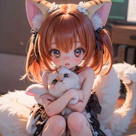            serval cat girl cat ears and tail                       , chubby and           cute ,               cute  ,               Photographically Photographed on White Micro Material   , 4K,                     Crimson hair is very smooth            , ...