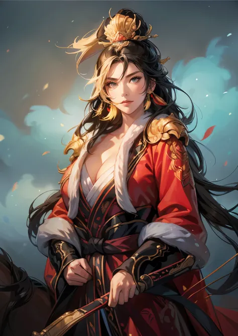 (((Maintain color ))), ((( picture style maintenance ))), (( Koei Three Kingdoms illustration style)), ((Maintain the composition)),  attractive woman ,  perfect face, (( Natural Hands )), (( black hair)),  woman holding a bow ,  big boobs,  visible chest ...