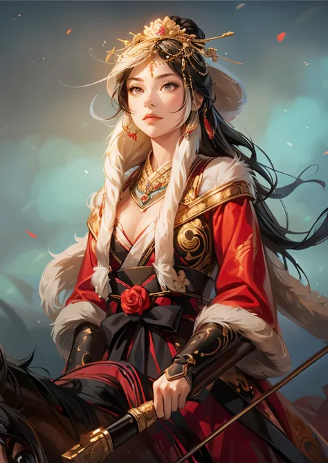 ((( picture style maintenance ))),  Koei Three Kingdoms illustration, Maintain the composition,  attractive woman ,  perfect face, (( Natural Hands )), (( black hair)),  woman holding a bow , 