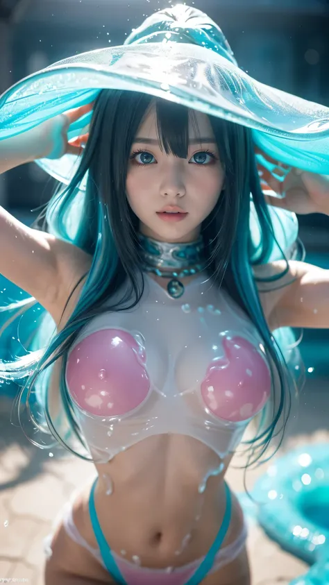 ⑤  
"Create an anime-style illustration of a *slime* reimagined as an ultimate *anime character with a youthful appearance*. Her entire body has a *semi-transparent, fluid-like texture*, giving her a unique, gelatinous appearance that reflects light softly...