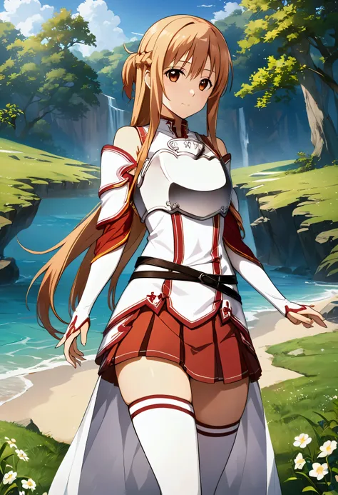 Yuuki Asuna, Yuuki Asuna SAO costume、White Armor、White breastplate、Red pleated skirt、White isolated sleeve、Bare shoulders、White thigh-high socks, Best Quality、unity 8k wallpaper、32K、Very detailed、Ultra-high resolution、Very detailedな顔、RAW Photos、professiona...