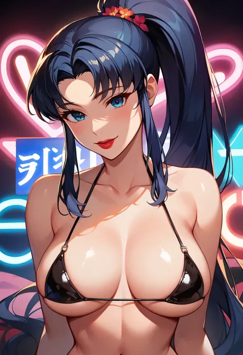 score_9, score_8_up, score_7_up, score_6_up, score_5_up, score_4_up, 1girl, Misato Katsuragi BREAK (close up shot, upper body:1.2), view from front, facing viewer, closeup of face, seductive look BREAK (wearing black micro bikini), (long black hair), ponyt...