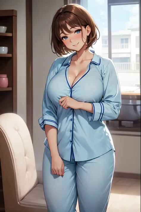 (High quality, High resolution, Fine details), light blue Pajama shirt, Long pants, Standing, solo, curvy adult women, light brown hair, Short hair style, sparkling brown eyes, (Detailed eyes:1.2), smile, blush, Sweat, Cleavage, Oily skin, Soft tones, shal...