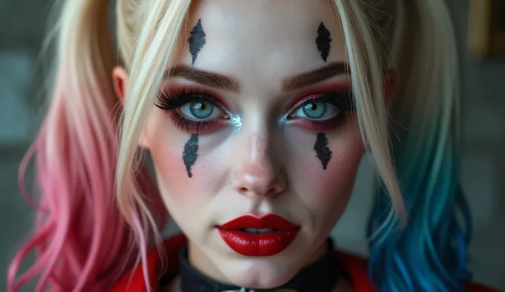 (Hyper realism, natural 35 year old Harley Quinn beauty, stunning unique female character. She has big eyes filled with joy and excitement, extravagant eyelashes, which makes this image a masterpiece of photography and digital art. Style, realistic hyper d...