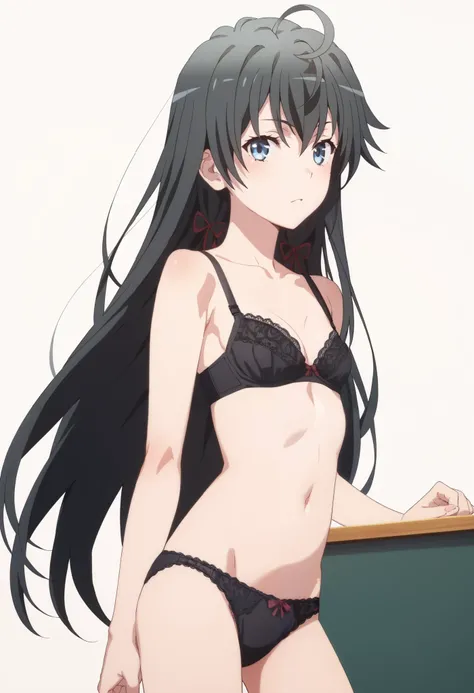 Masterpiece, best quality, yukino yukinoshita, black hair, blue eyes, long hair, ahoge,small breasts,black trimmed bra, laced trimmed panties,Classroom background, 