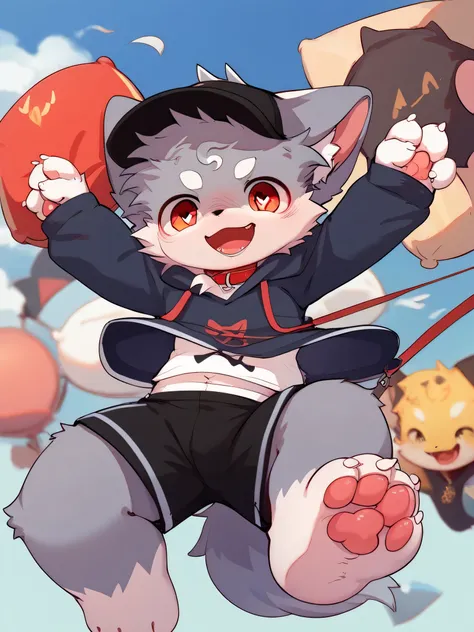 very detailedな, very detailed, gray fur, Gray Hair, Age 15,m ale, excited, heart eyes, participate, Red collar, cute face, flu ffy fur, Horny boy, Cheeky, blue hat, flying, blush nose, is e mbarrassing, ahe face, R18, black shorts, sweatshirt, Long Sleeve,...