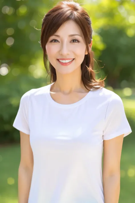 ( top quality、 Table Top、8k、 best image quality、 Award-winning work )、 one woman standing upright on the floor、50 years old、smile、Upper body photo、 stylish sports t-shirt、 emphasizes the body line 、 accurate anatomy、 a beautiful blurred park background 、私を...