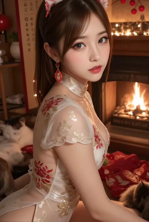 Cat ears、 face up、((( Lying in Bed))) attractive, pretty girl, ponytail、 (( fine facial features , eroticism)), dramatic lighting , realistic , 8k, Dramatic Shadows , intricate and elaborate patterns , super detailed photo ...