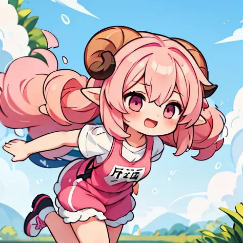 A close-up anime-style illustration of a girl named 'Fua-chan' with long, soft pink hair styled(( in curls resembling sheep’s horns.*))* She has bright pink eyes filled with determination and a cheerful smile. Fua-chan is wearing sporty attire suitable for...