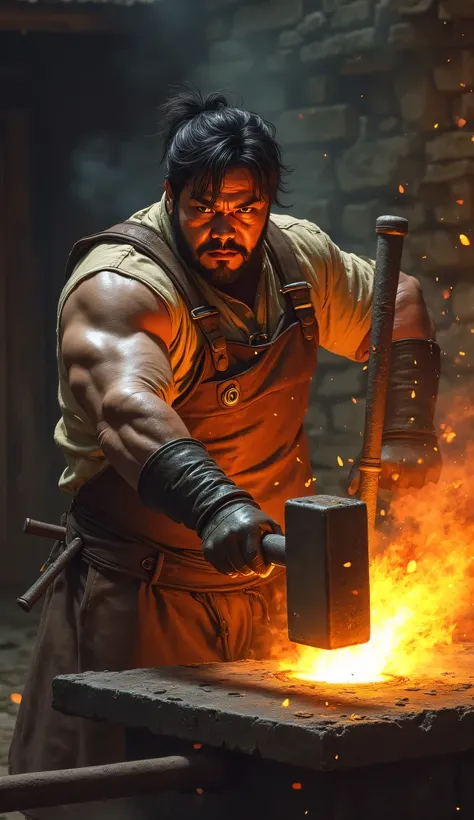 tough Asian blacksmith hits hot metal in the forge 