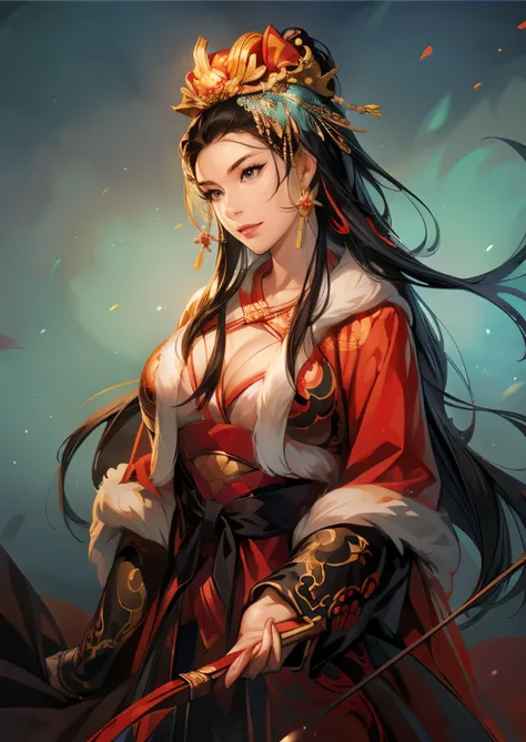 (((Maintain color ))), ((( picture style maintenance ))), (( Koei Three Kingdoms illustration style)), ((Maintain the composition)),  attractive woman ,  perfect face, (( Natural Hands )), (( black hair)),  woman holding a bow ,  big boobs,  visible chest ...