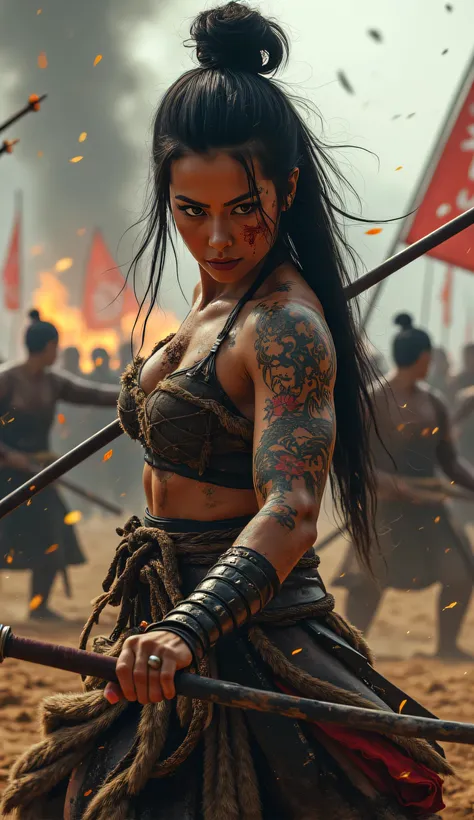 Ultra-realistic Japanese barbarian woman in the midst of an intense battlefield, fighting alongside her samurai warriors. She is muscular and battle-worn, with fresh scars and dirt on her face and body. Her fierce eyes burn with determination, and her long...