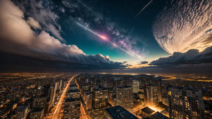 tilted Dutch angle view of a very beautiful end-of-the-world scene,  breaking through beautiful cloud, hundreds of tremendously beautiful colorful meteors falling spirally one after another widely spreading to beautiful lively neat city. The sky is beautif...