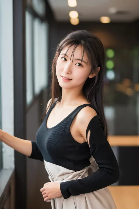 A Japanese woman, 35 years old, slender figure, small breasts, very thin waist, Beautiful face, beautidful eyes, black long  hair, wearing a tight and short gray knit dress with a back-open design, stand facing to an office wall, gently looking at you, 1gi...