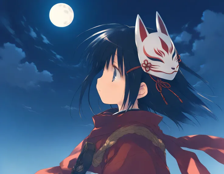 1girl, little female, ninja, beautiful detailed eyes, fox mask, mask on head,night, moon, cloud,  rooftop, wind,girl focus,game CG, break,(artist:mitsumi_misato),artist:fujiyama,artist:kokonoka,  break,(masterpiece), (best quality), (ultra-detailed),(Detai...