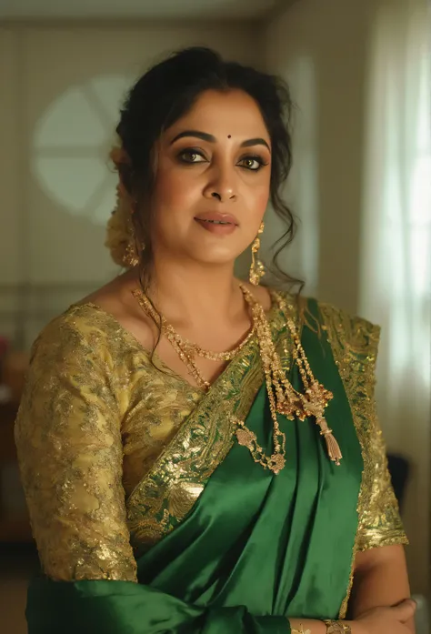 a woman in a sari and gold blouse posing for a picture, sari, wearing elaborate green and gold, indian, candid picture, satin, 4 k post, 4k post, indian goddess, dressed in a sari, very very beautiful woman, showing her round navel,candid shot, a still of ...