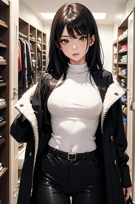  adult woman,  alone,  sexy, 8k resolution,(( top quality)),  ultra high resolution, ( stares), ( red eyes),  beautiful symmetrical face  , ( long black hair),coat,combat catsuit, suit pants, tactical belt,Realistic:1.4, by Nomi:1.4,( Masterpiece:1.2),  pe...