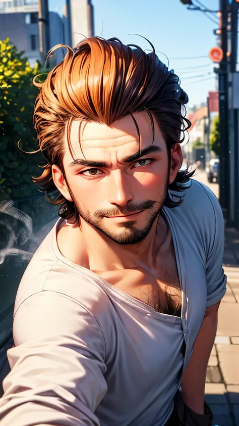 A 37 years old Japanese beard boy (( boy’s body, slender)), bluish silver extra very short hair(( voluminous  hair ))(( much shaggy forelock:1.3)),((pompadour airstyle)), long sleeves shirts((pale orange )) , ((cigarette in mouth )), sparkly pale orange bi...