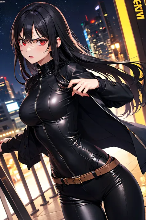  adult woman,  alone,  sexy, 8k resolution,(( top quality)),  ultra high resolution, ( angry face), ( red eyes),  beautiful symmetrical face  , ( long black hair),coat,combat catsuit, suit pants, tactical belt,Realistic:1.4, by Nomi:1.4,( Masterpiece:1.2),...