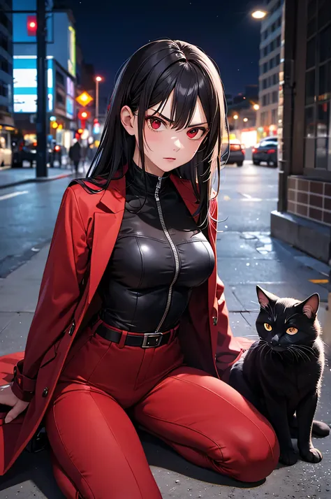  adult woman,  alone,  sexy, 8k resolution,(( top quality)),  ultra high resolution, ( angry face), ( red eyes),  beautiful symmetrical face  , ( long black hair),coat,combat catsuit, suit pants, tactical belt,Realistic:1.4, by Nomi:1.4,( Masterpiece:1.2),...