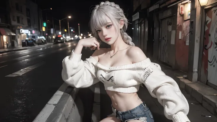  RAW Photo, 8k, ( top quality),  by Nomi, ( Live Action ,  complicated details), ( natural skin texture,  detailed skin,  hyperrealism, sharpness), (Japanese  girl standing in a dirty back alley At night,  graffiti ed wall:1.3,  sexy pose with skirt on top...