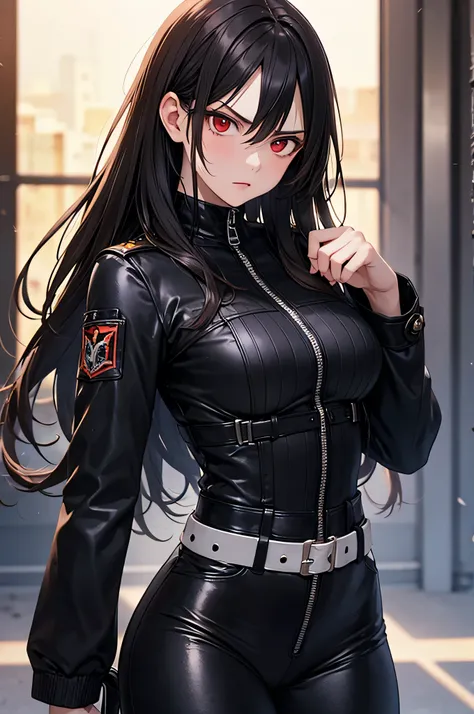  adult woman,  alone,  sexy, 8k resolution,(( top quality)),  ultra high resolution, ( angry face), ( red eyes),  beautiful symmetrical face  , ( long black hair),coat,combat catsuit, suit pants, tactical belt,Realistic:1.4, by Nomi:1.4,( Masterpiece:1.2),...