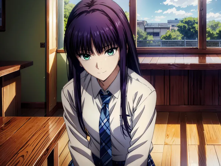 is wearing a cheek stick, sits on a chair,evening,Sunshine through the window,after school,classroom,indoor,赤 purple hair, green eyes , eyes like jewels,((最 high quality)), (( Masterpiece)), ( Details), 1 girl , sexy,smile face, blazer uniform,赤 ...